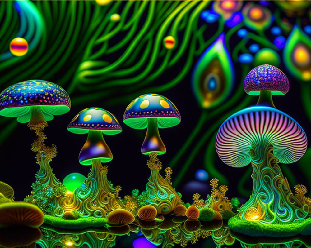 Colorful digital artwork of bioluminescent mushrooms on neon-green fractal backdrop