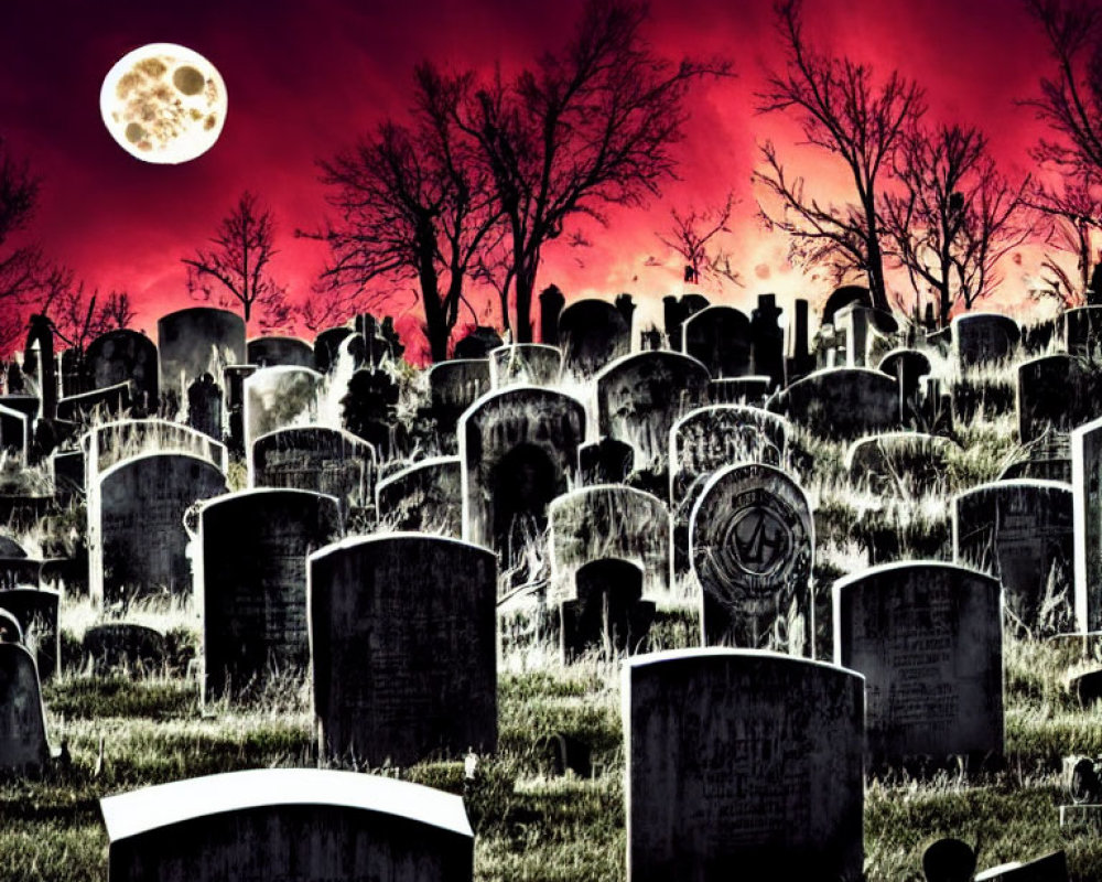 Eerie graveyard scene under blood-red sky with full moon