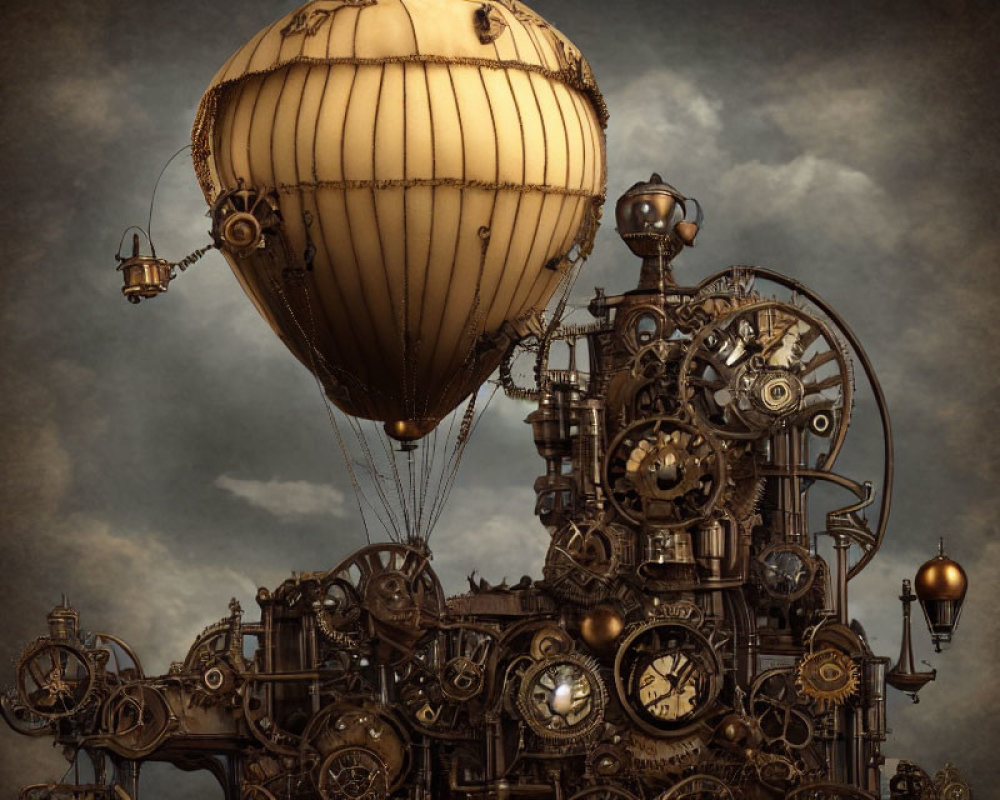 Steampunk-style hot air balloon with gears and clocks over mechanical landscape