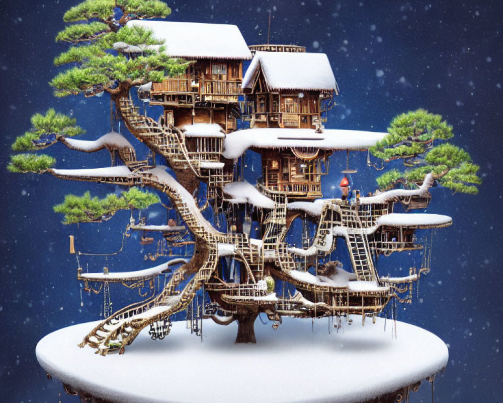 Traditional-style wooden treehouse in snowy pine forest