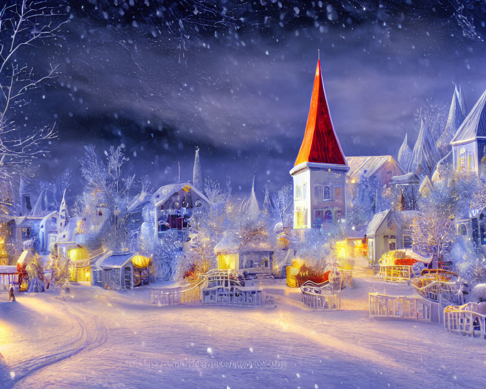 Snowy Night Village Scene with Christmas Tree and Twinkling Lights