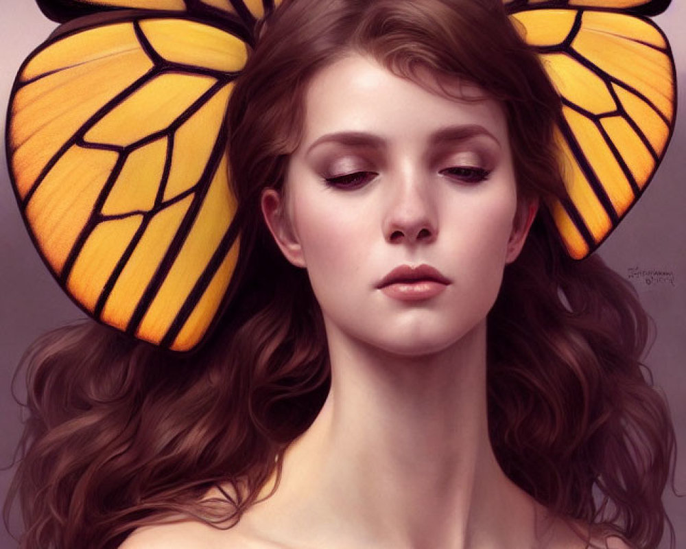 Young woman with monarch butterfly wings in digital artwork