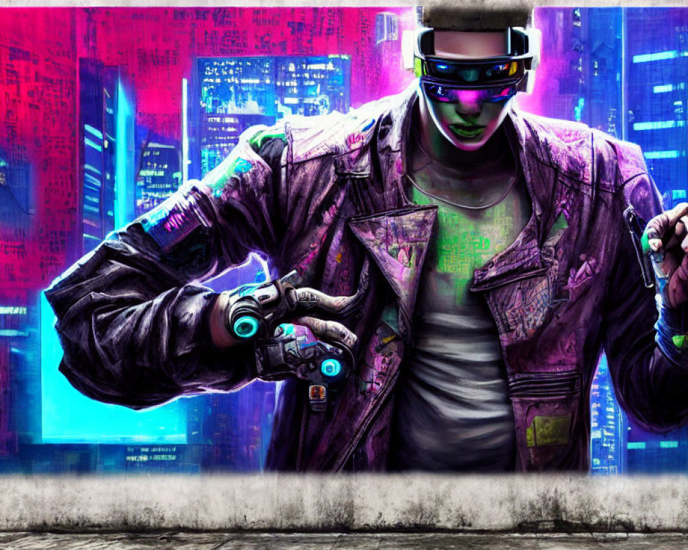 Futuristic cyberpunk figure with neon visor glasses in purple jacket amidst vibrant cybernetic city