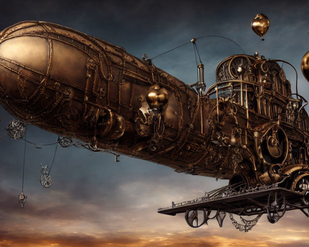 Intricate steampunk airship with metalwork in dramatic sky