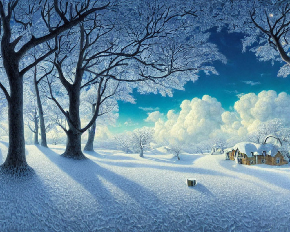 Snow-covered trees and cozy houses in serene winter landscape