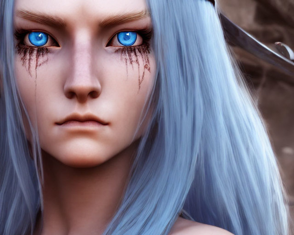 Female fantasy character with blue eyes, pale blue hair, silver circlet, and red markings