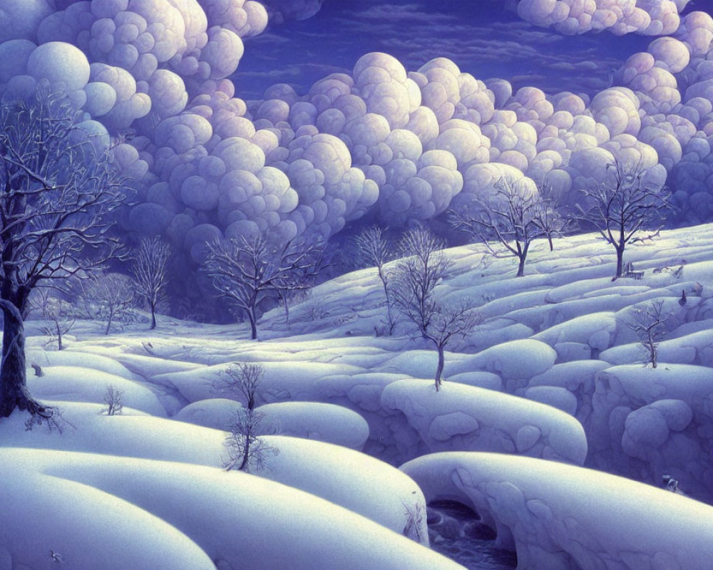 Surreal winter landscape with bare trees and snow-covered hills