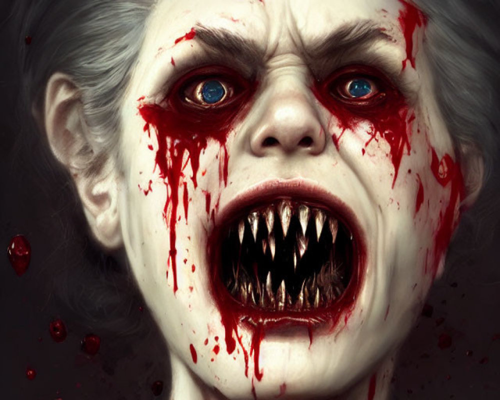 Digital artwork: Terrifying creature with pale skin, bloodied face, sharp teeth, wide, angry