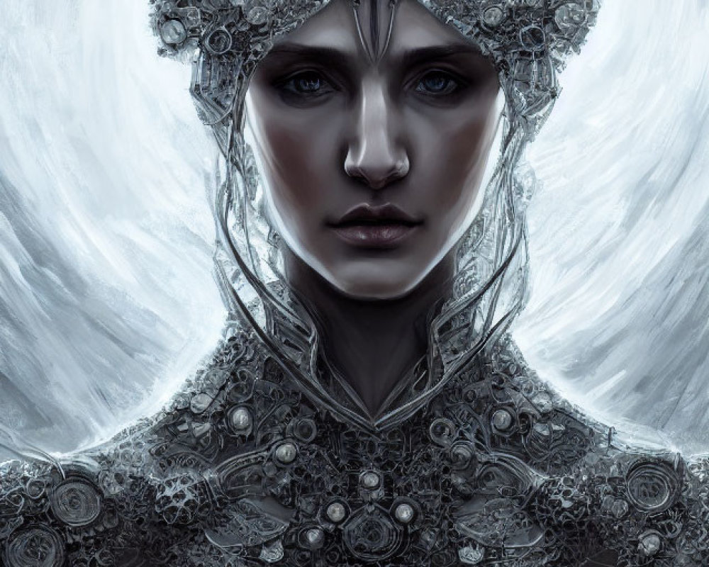 Intricate digital artwork of person with metallic headgear and delicate filigree patterns