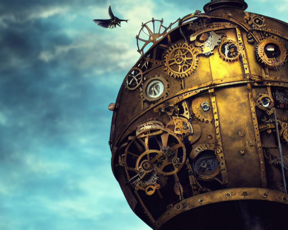 Steampunk-style airship with gears and mechanical details floating under cloud-streaked sky.