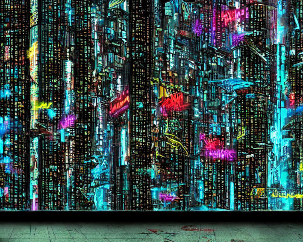 Densely packed cyberpunk cityscape at night with neon signs