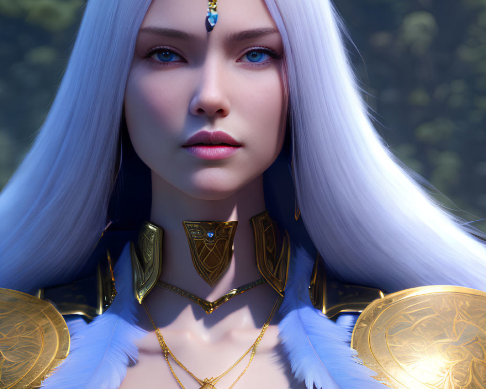 Digital artwork: Woman with white hair, blue eyes, jewel headpiece, and golden armor