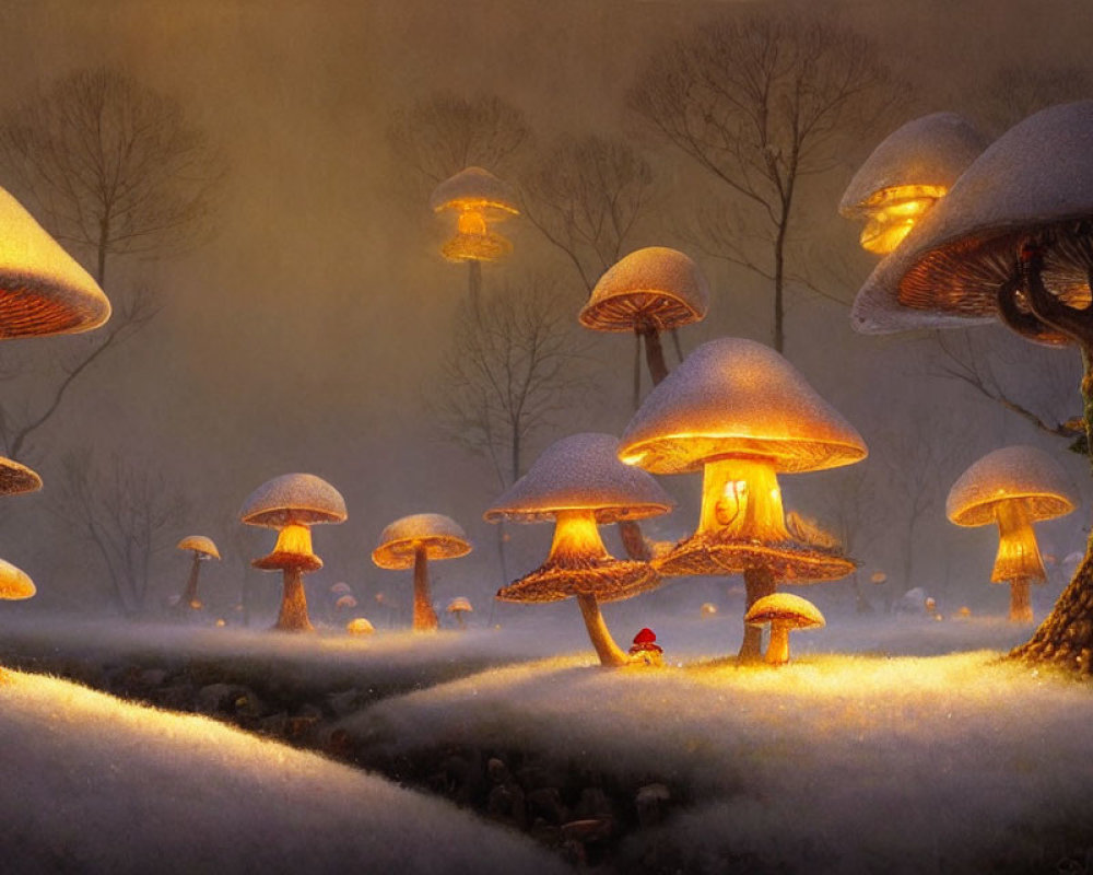 Enchanted Snow-Covered Forest with Giant Glowing Mushrooms