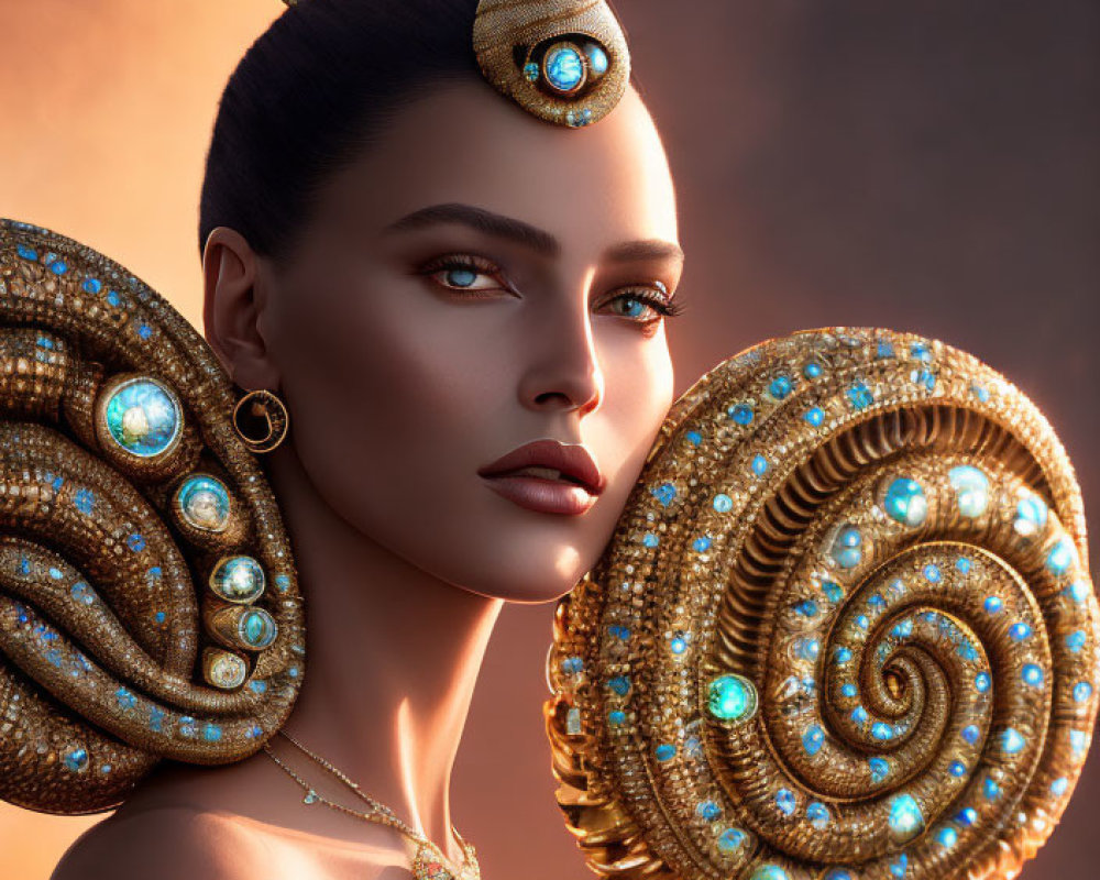 Stylized portrait of a woman with ornate gold and gem-encrusted spiral accessories