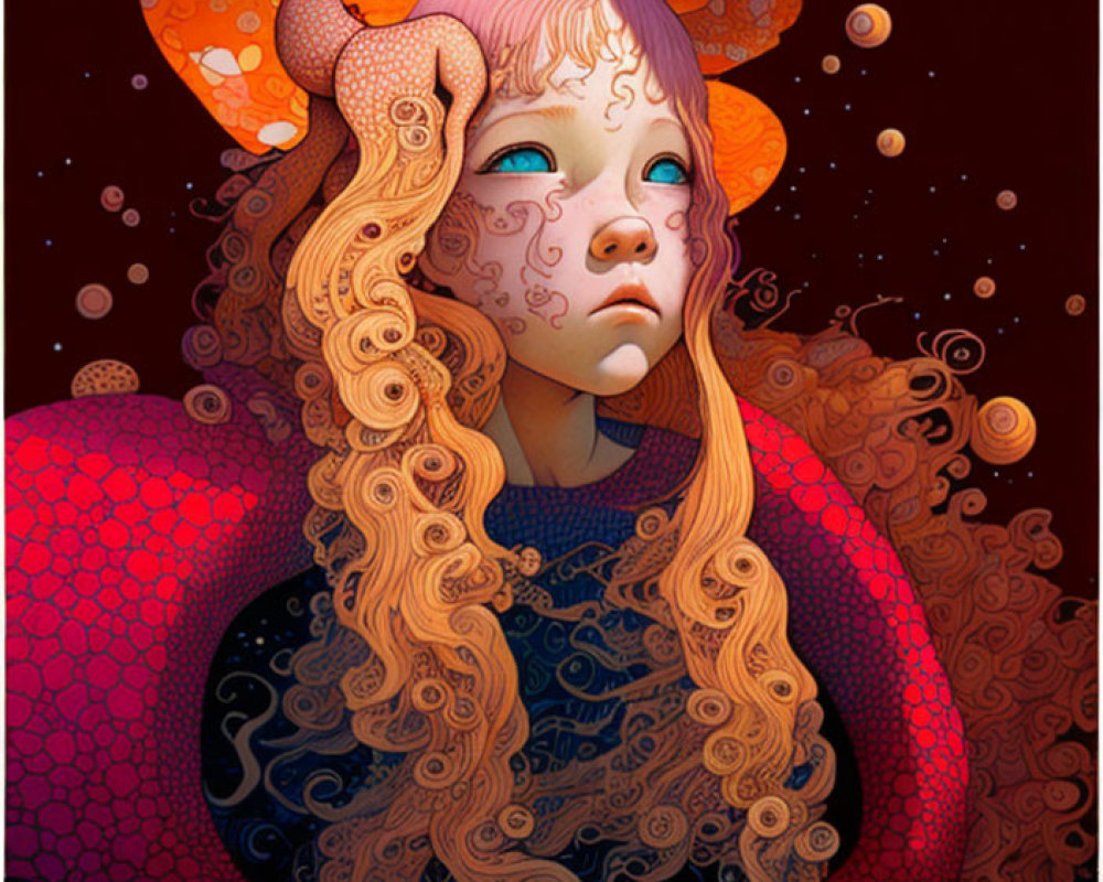 Surreal illustration of girl with flowing hair and red coil, orange creature on head, against star