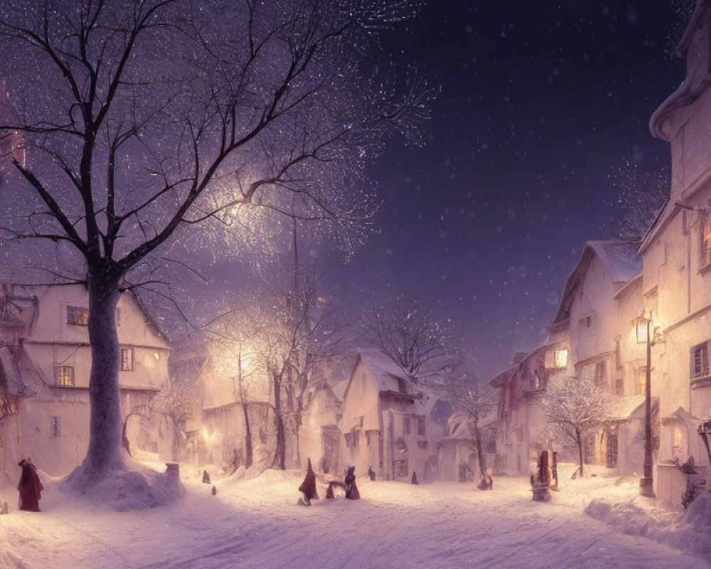 Snow-covered town scene: people walking, children sledding, warm lights glowing.