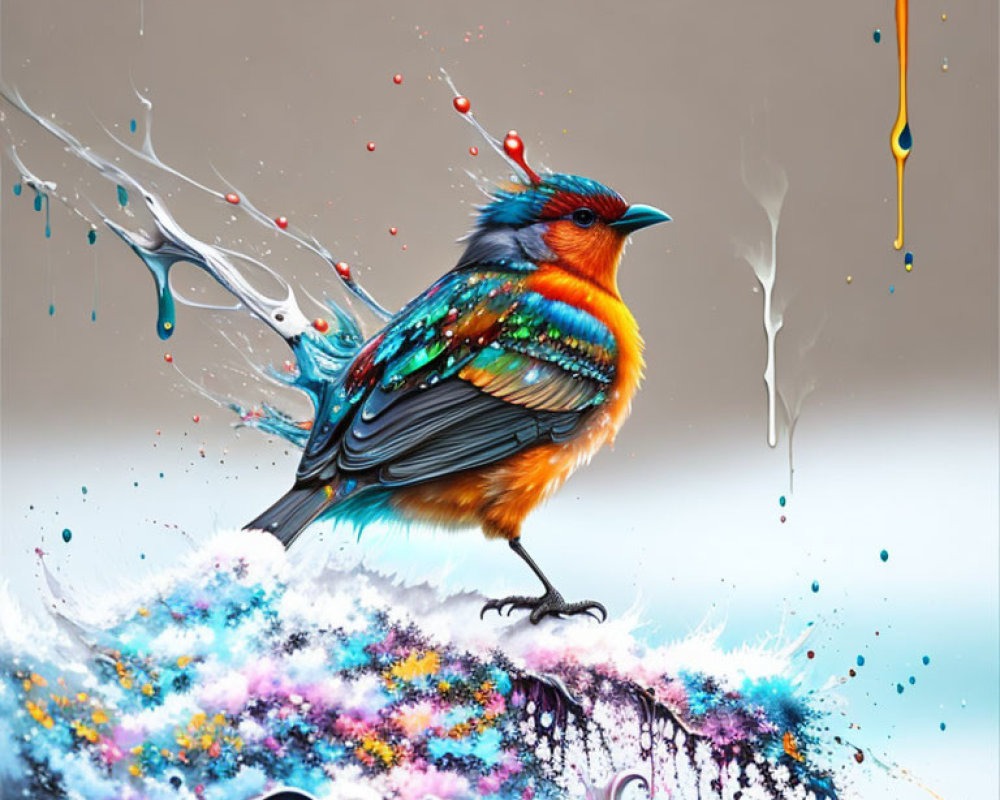 Colorful Bird Perched on Abstract Swirls and Splatters