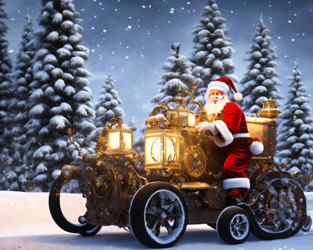 Steampunk Santa Claus on Lantern-lit Sleigh in Snowy Pine Forest