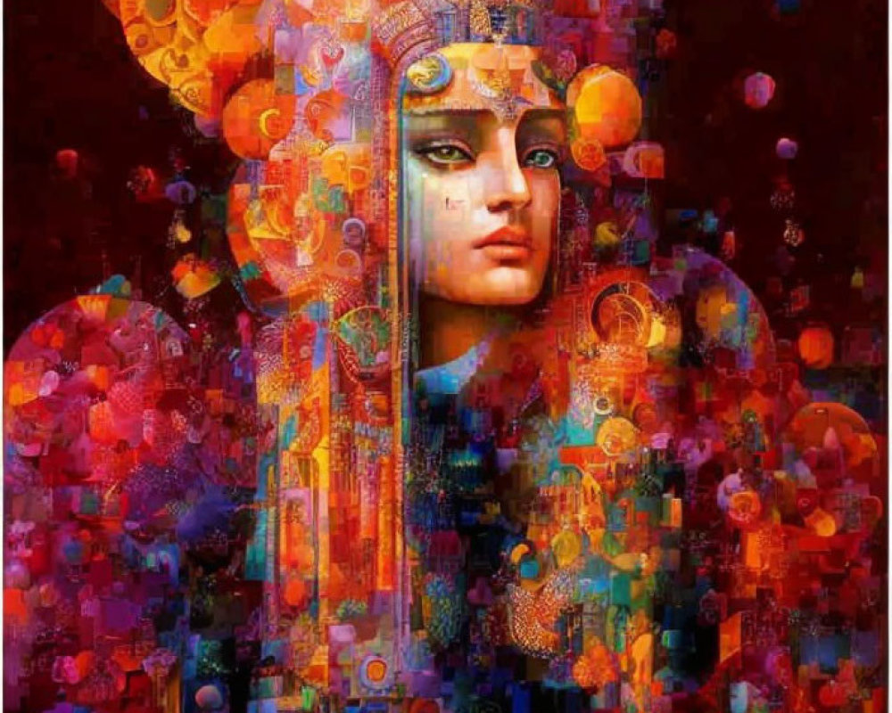 Colorful portrait of regal figure with intricate patterns and abstract backdrop