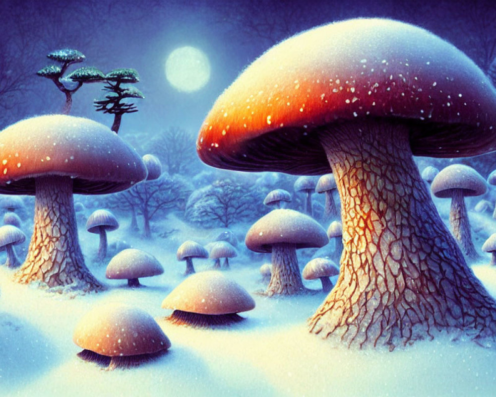 Whimsical oversized mushrooms in snowy moonlit landscape