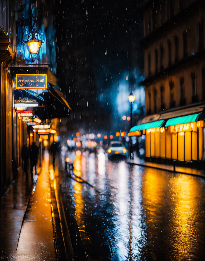 City street scene: Rainy night with reflections, glowing lights, blurred vehicles