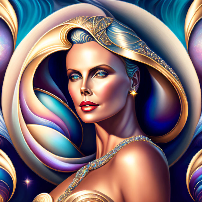 Stylized portrait of a woman with golden tiara and cosmic swirls.