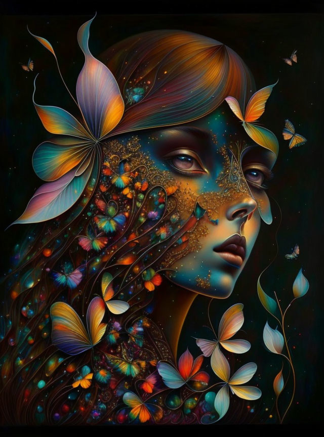 Cosmic-themed surreal portrait of a woman with butterflies and floral patterns