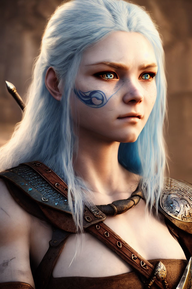 Digital portrait of woman with white-blue hair, tribal face paint, orange eyes, and fantasy armor on