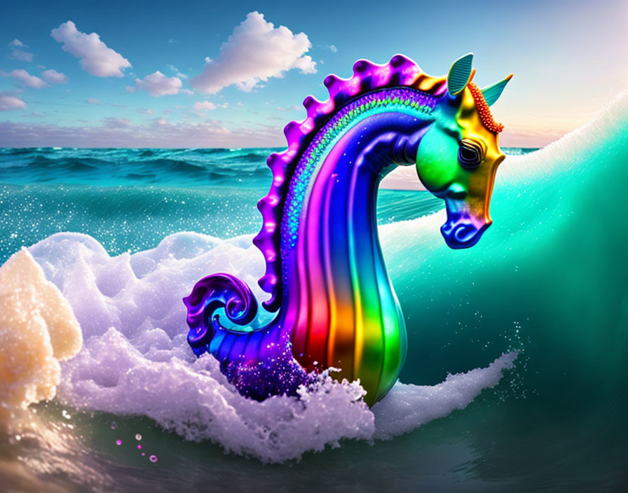 Colorful Seahorse with Unicorn Horn in Ocean Waves and Blue Sky