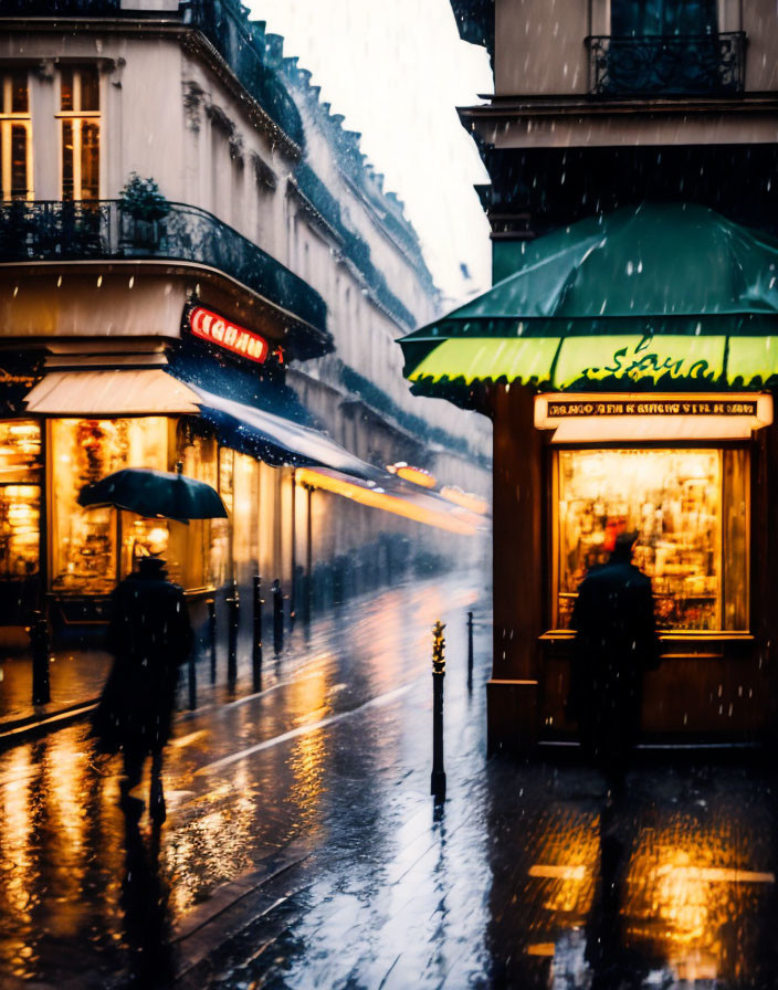 Blurred figures with umbrellas on rainy city street