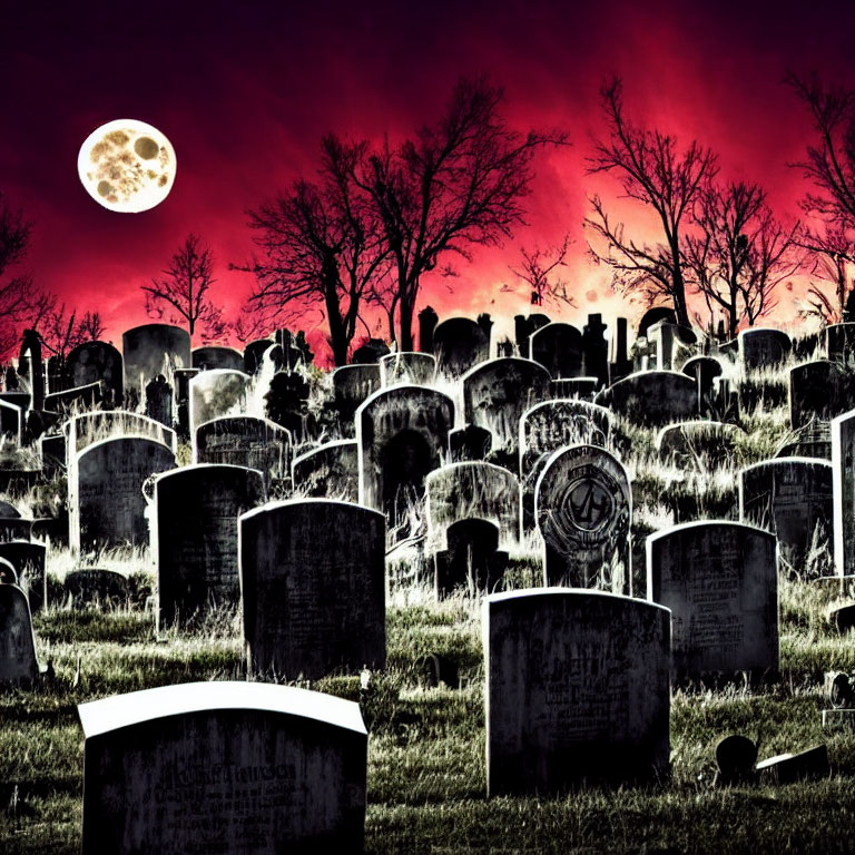 Eerie graveyard scene under blood-red sky with full moon