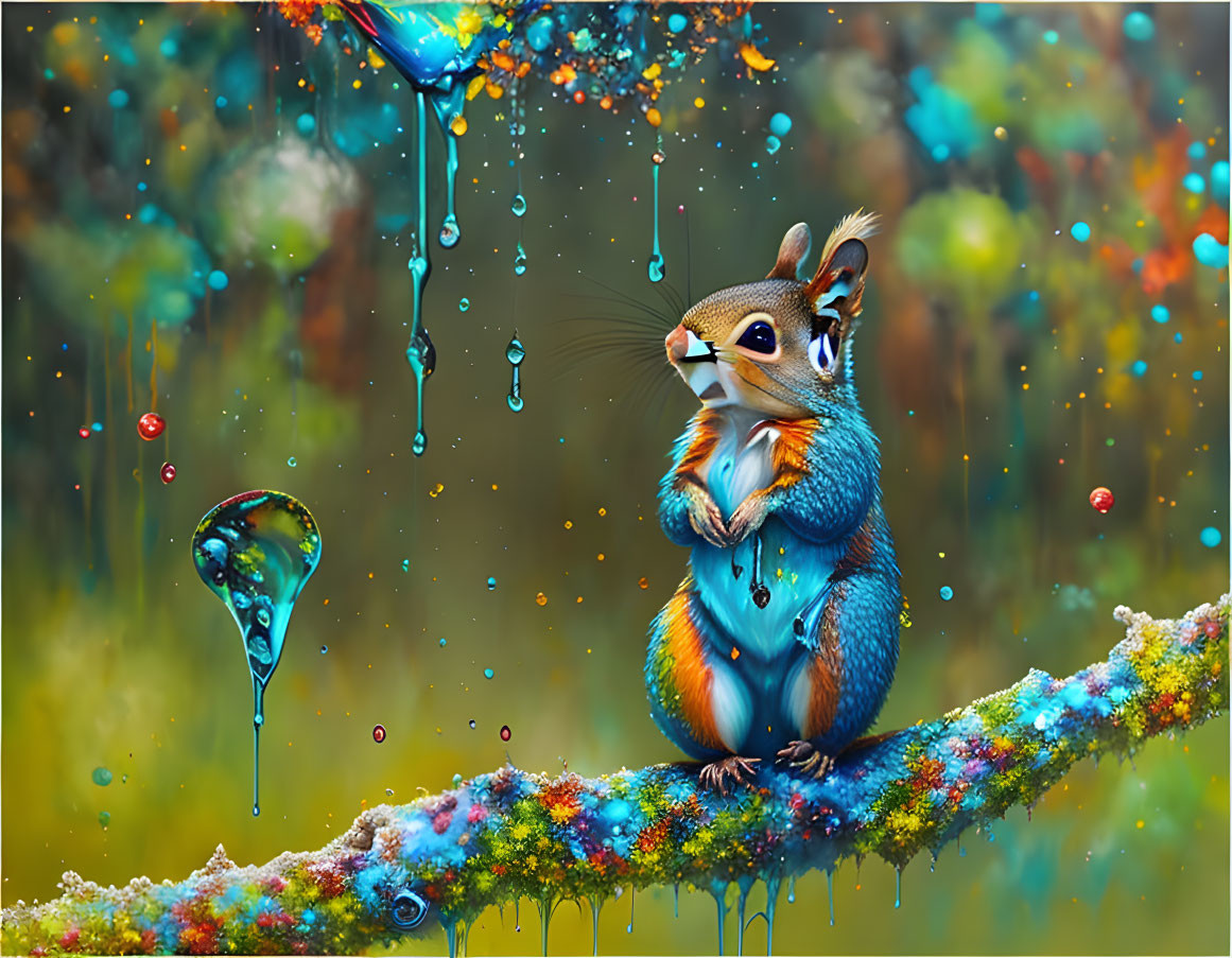 Vibrant digital art: squirrel on branch with colorful paint droplets