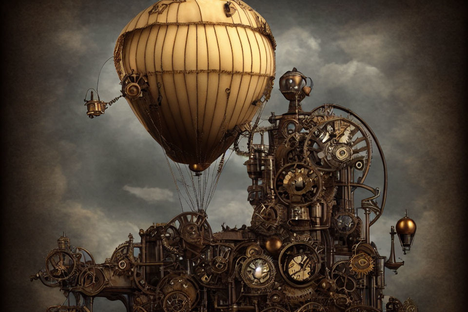 Steampunk-style hot air balloon with gears and clocks over mechanical landscape