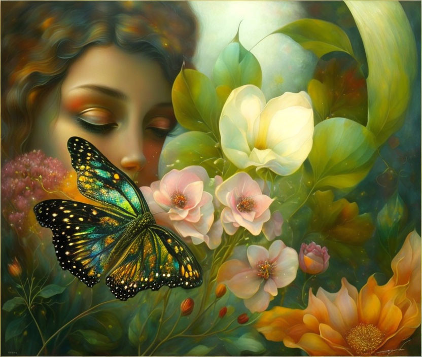 Illustration of woman's face with vibrant flora and butterfly