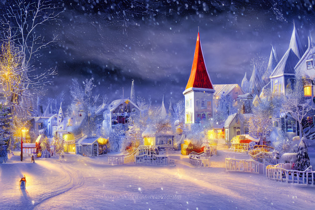 Snowy Night Village Scene with Christmas Tree and Twinkling Lights