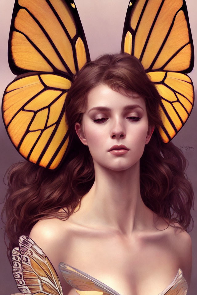 Young woman with monarch butterfly wings in digital artwork