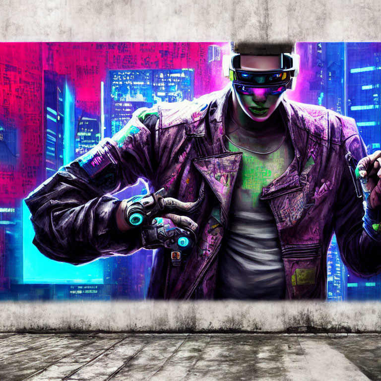 Futuristic cyberpunk figure with neon visor glasses in purple jacket amidst vibrant cybernetic city