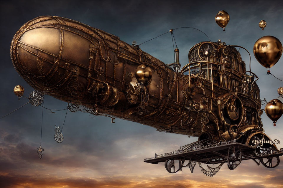 Intricate steampunk airship with metalwork in dramatic sky