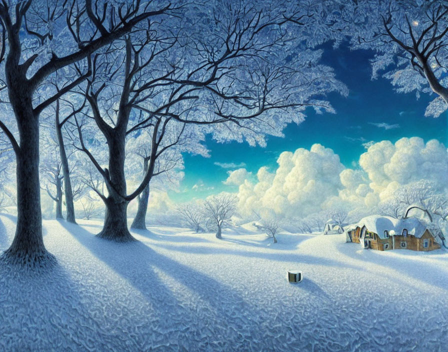 Snow-covered trees and cozy houses in serene winter landscape