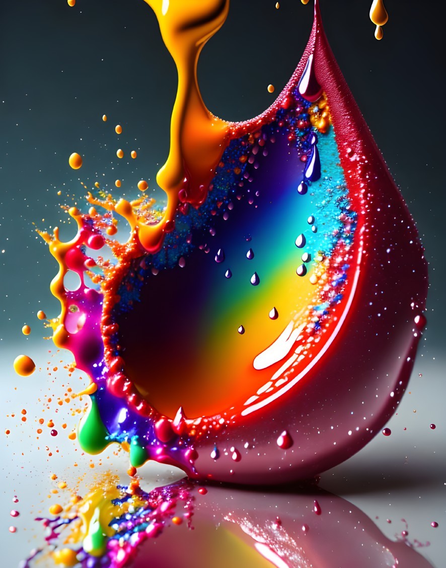 Colorful Teardrop Splash on Glossy Surface Displaying Dynamic Artistry