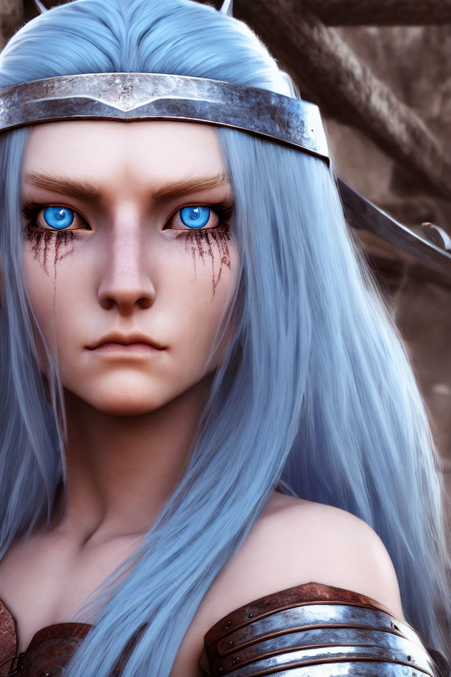 Female fantasy character with blue eyes, pale blue hair, silver circlet, and red markings