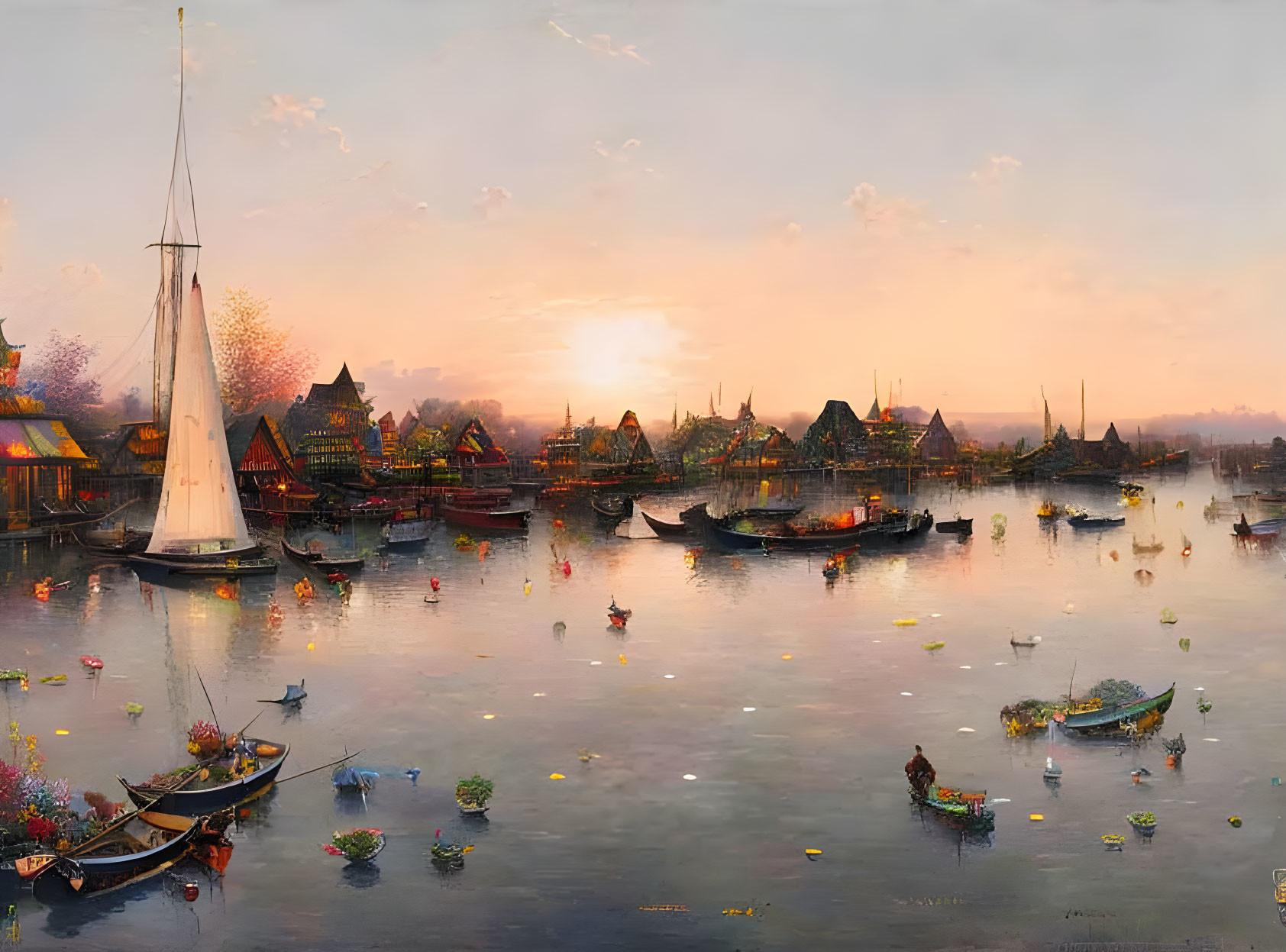 Tranquil sunset over busy river with sailboat and traditional buildings