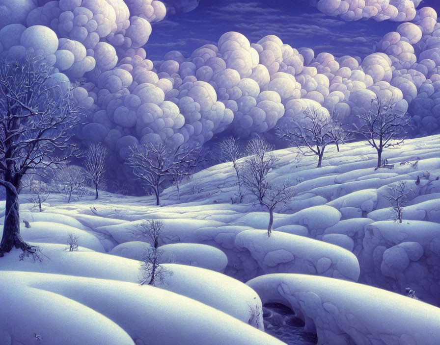 Surreal winter landscape with bare trees and snow-covered hills