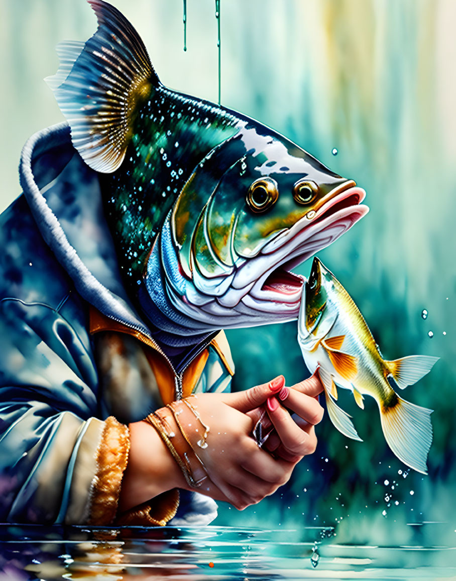 Surreal illustration: Large fish with human body in blazer holding smaller fish