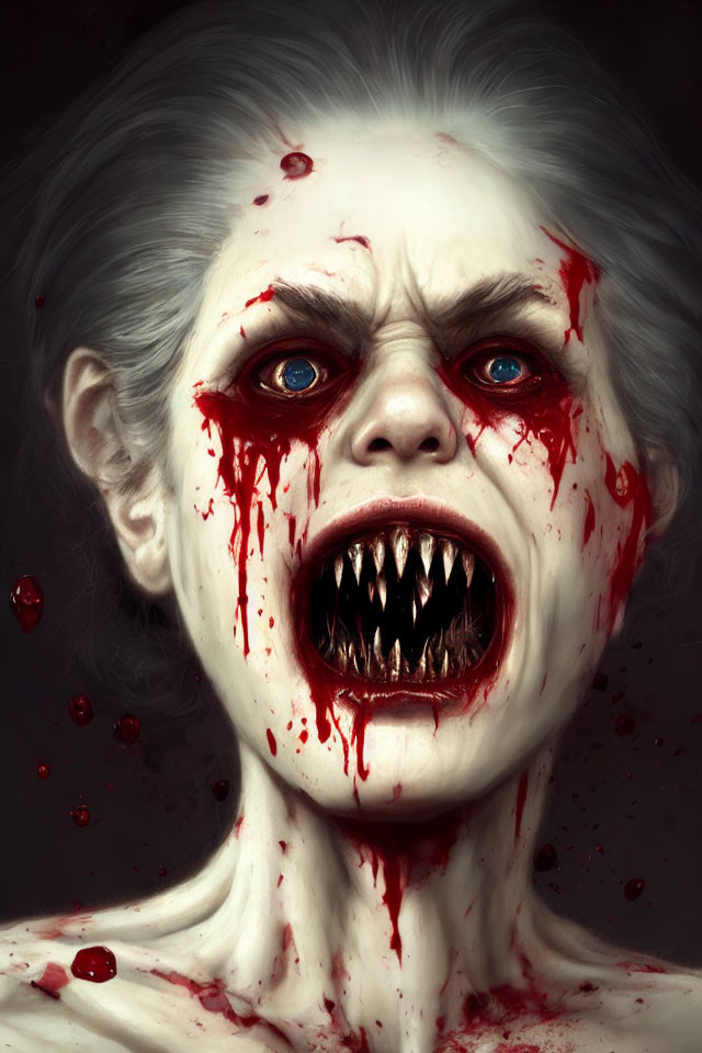 Digital artwork: Terrifying creature with pale skin, bloodied face, sharp teeth, wide, angry