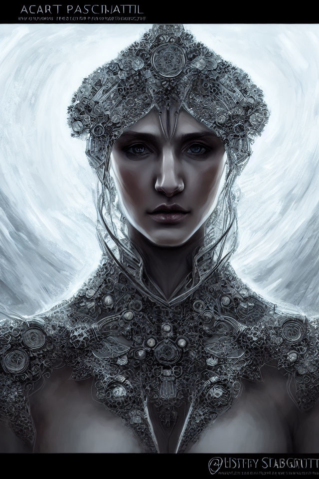 Intricate digital artwork of person with metallic headgear and delicate filigree patterns