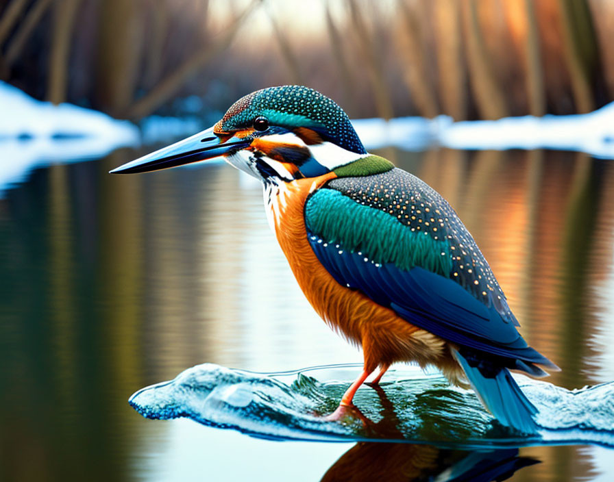 Colorful Kingfisher Bird Perched on Twig Over Reflective Waters