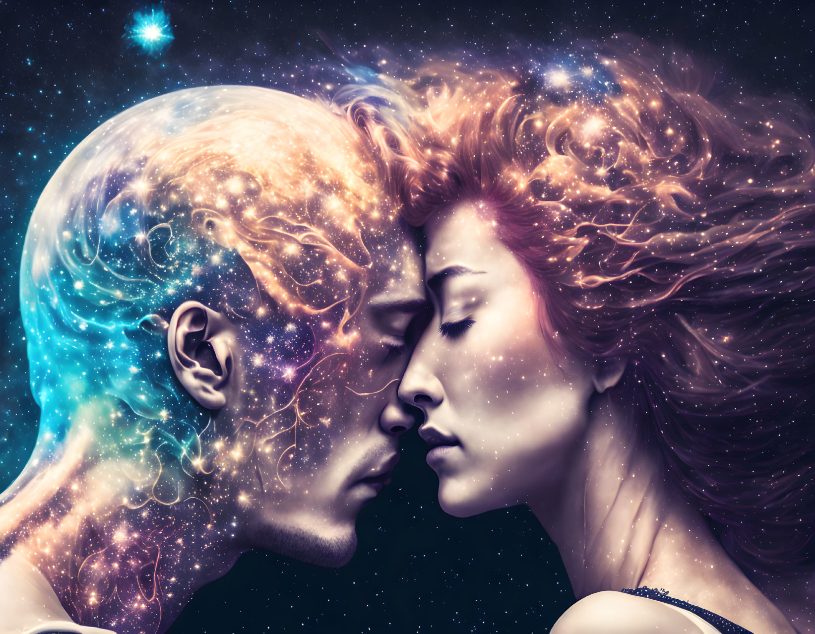 Digital artwork: Man and woman with galaxy hair, touching foreheads against starry backdrop