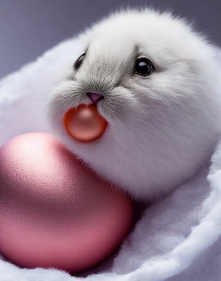 Fluffy White Rabbit Nibbling on Pink Egg on White Background