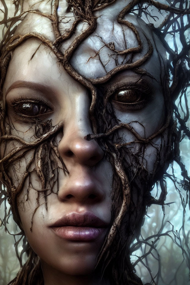 Close-Up Woman's Face Blended with Tree Branches in Mystical Setting